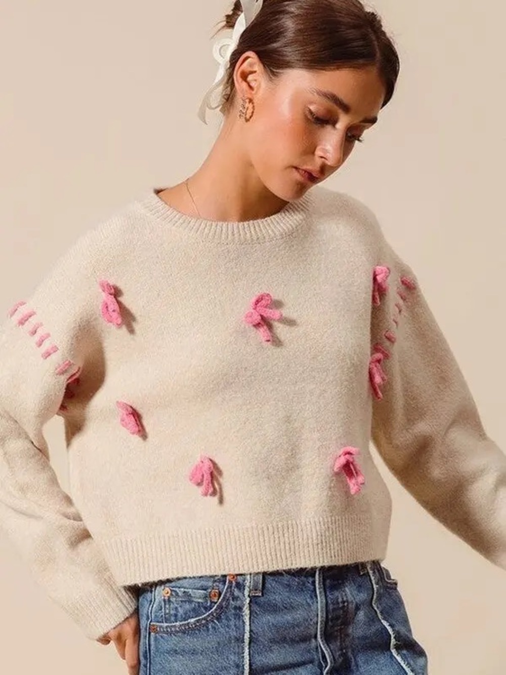 So Me Cream Crewneck Sweater with Pink Bow Accents